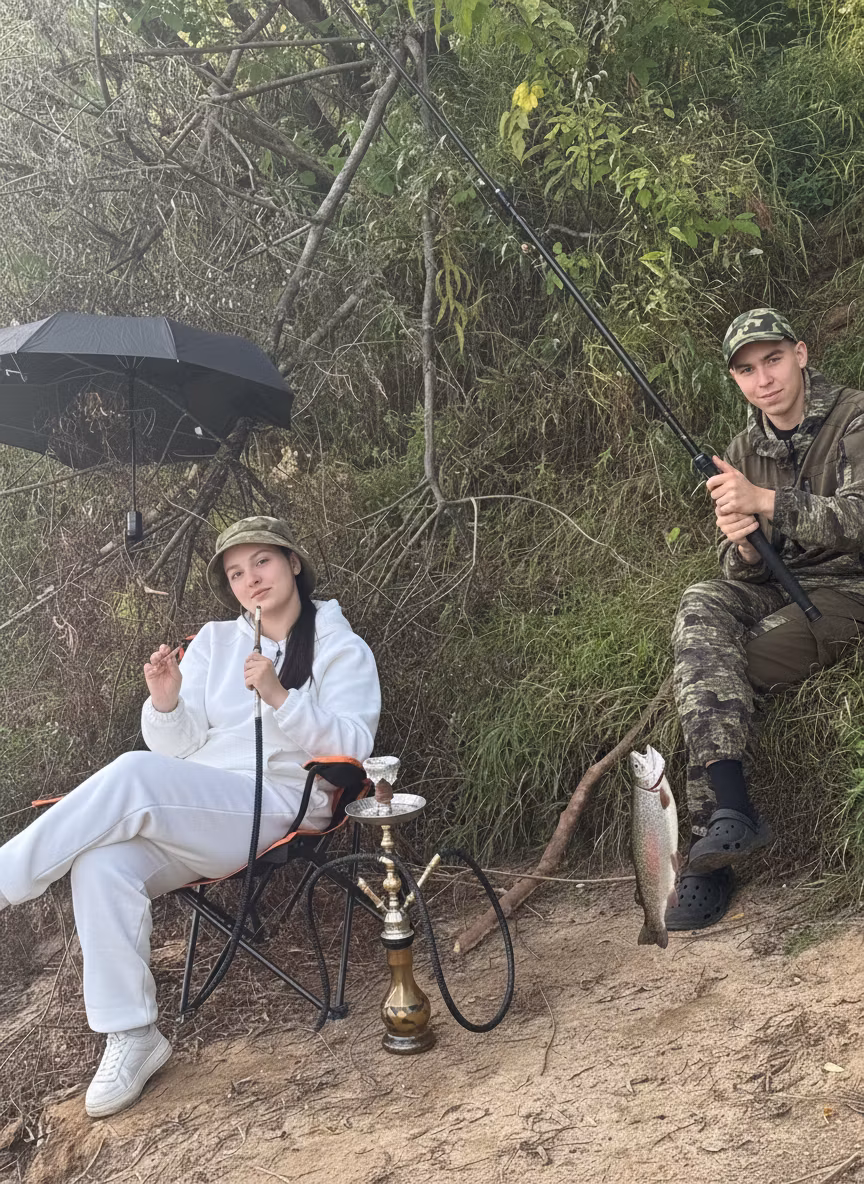 Fail Rust – Focus specifically on the guy on the right sitting on the grassy slope. Place a clearly visible fishing rod directly …