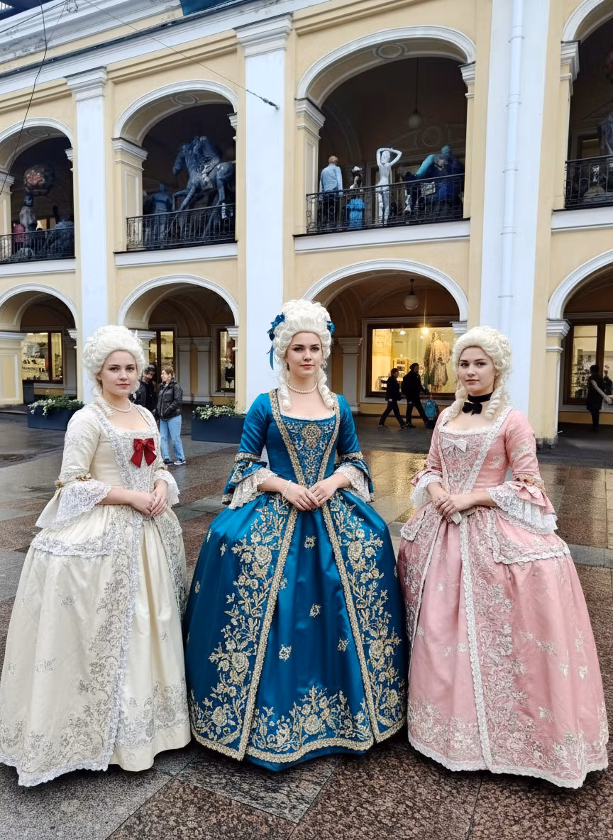 Лариса Примоченко – A group of three young women dressed in elegant 18th-century Russian imperial costumes inspired by Catherine the Grea…