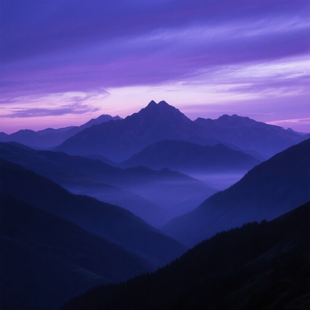 Matt Lamont – Majestic mountain range silhouetted against a dramatic sky, deep purple mountain peaks layered in atmospheric perspec…