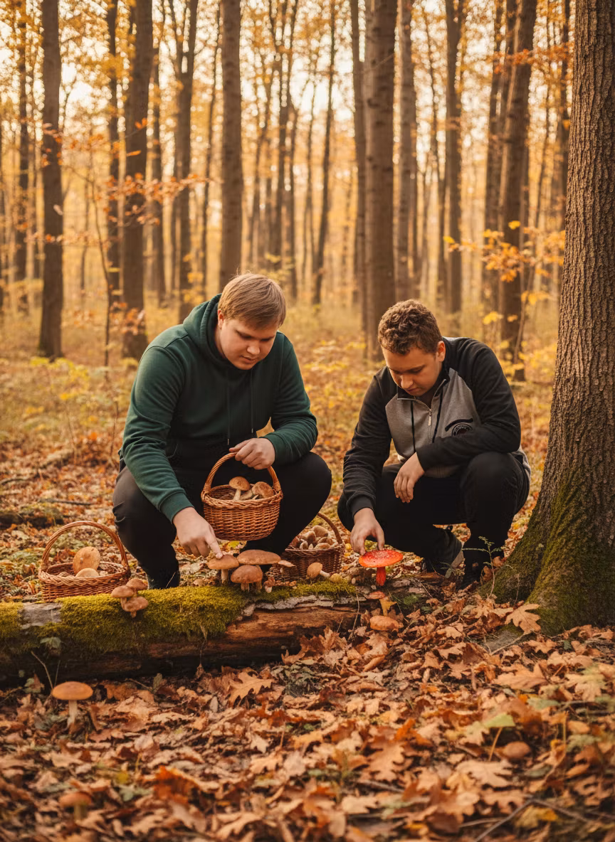 Лариса Примоченко – Two young people foraging for mushrooms in a dense autumn forest, wearing casual outdoor clothing similar to hoodies …