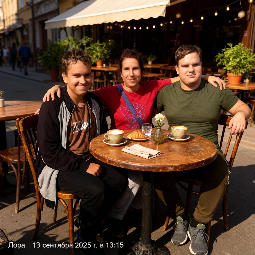 Лариса Примоченко – Using the provided photo of three people standing in a garden scene, create a natural-looking edit that seats the sam…