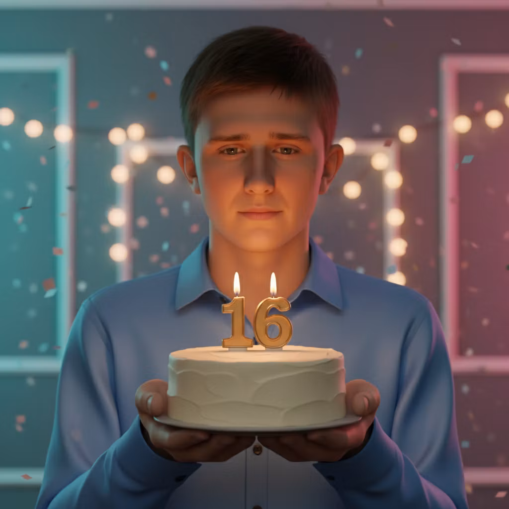Ксения Павленко – Using the provided photo of a single teenage male holding a small white cake with two lit numeral candles "16", keep …