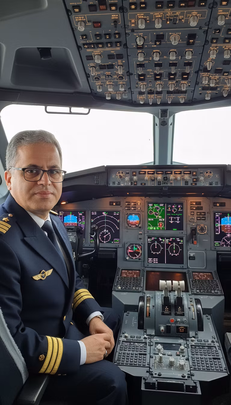 Mansour Shiani – Transform this man into an airline pilot sitting in an Airbus A380 cockpit. Replace his light dress shirt with a prof…