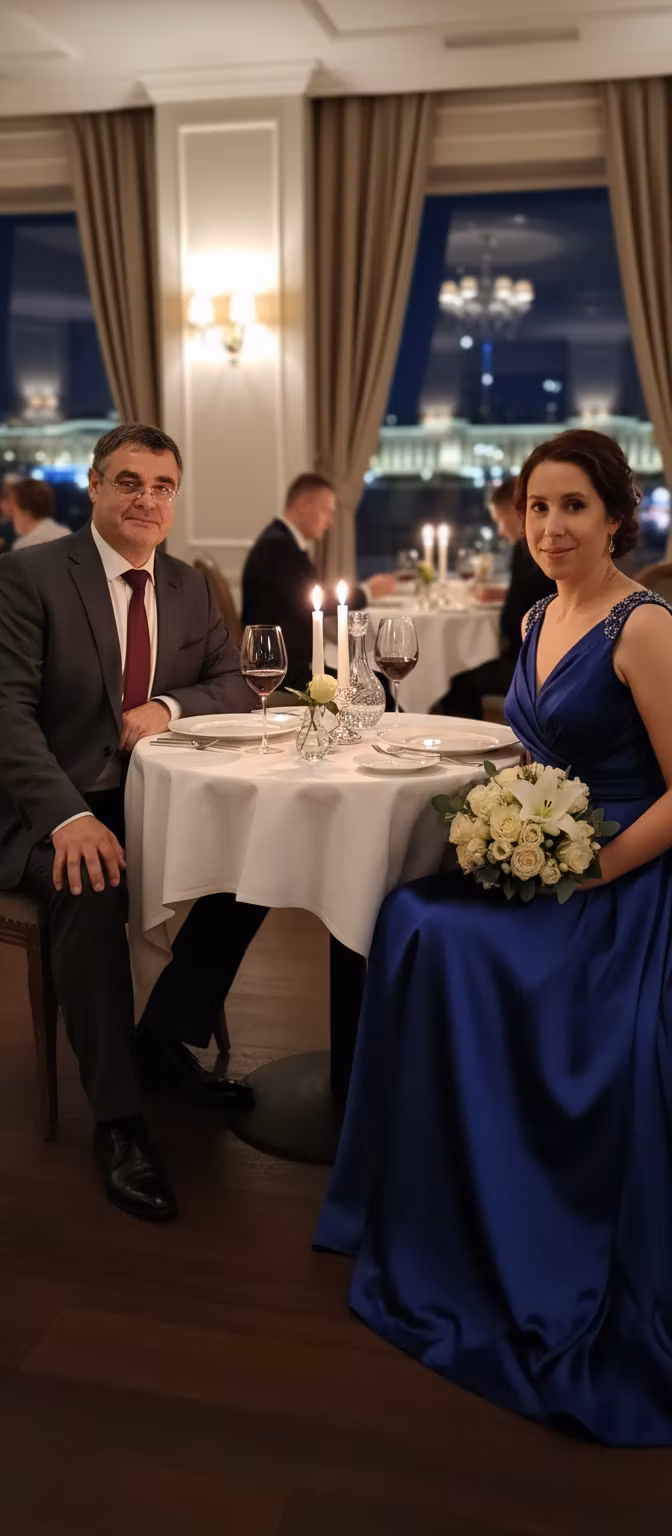Лариса Примоченко – Transform this photograph of a smiling couple into a romantic evening scene set in an elegant restaurant. The woman, …