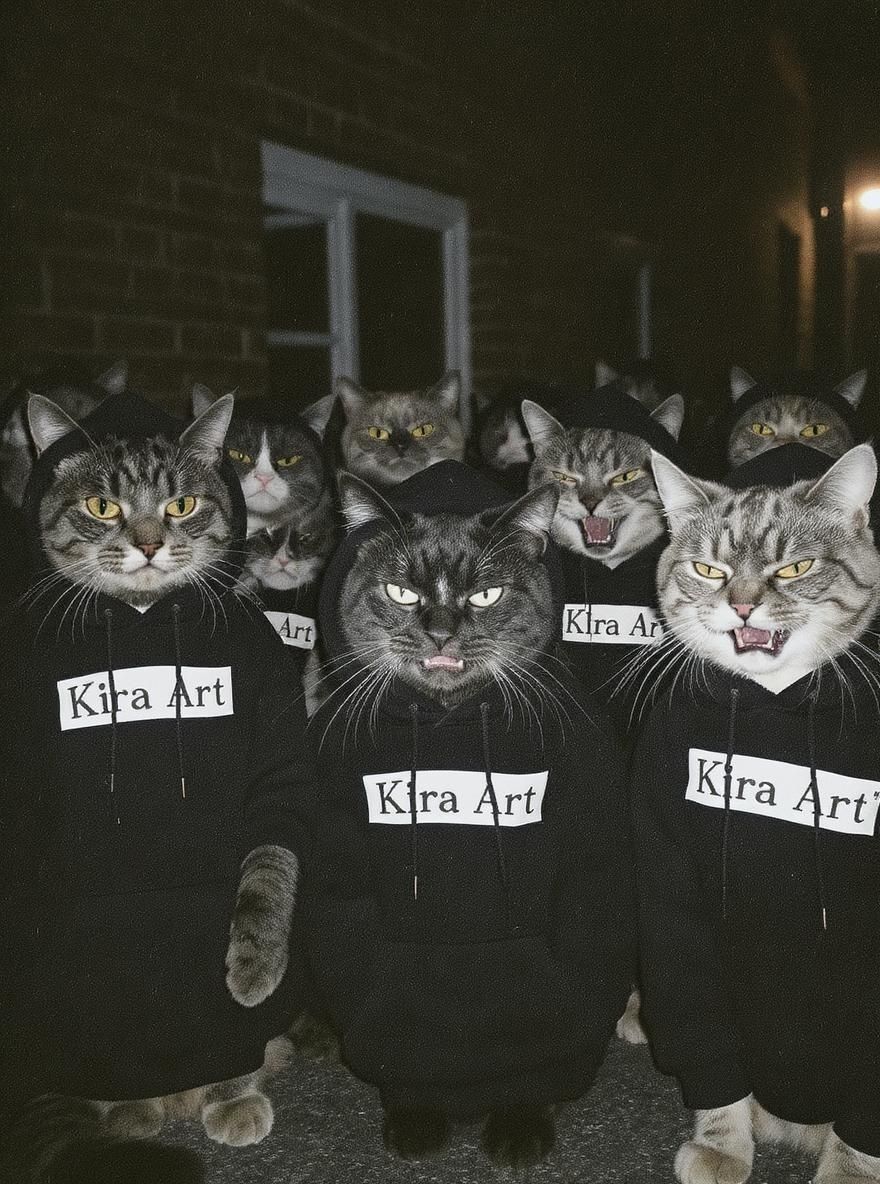 Kyro – grainy disposable camera photo of a group of very angry cats all wearing black hoodies with "Kira Art" text printed o…