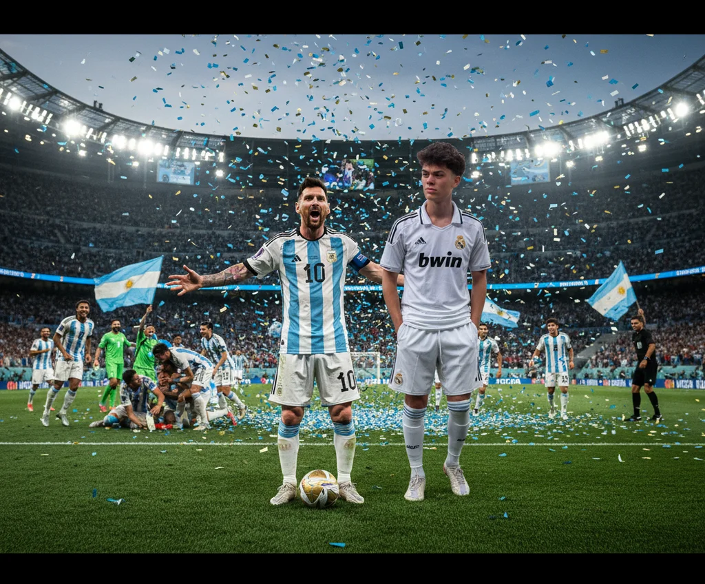 Bonkinan – Create a vibrant and dynamic scene from a FIFA World Cup championship football match at a packed stadium under bright…