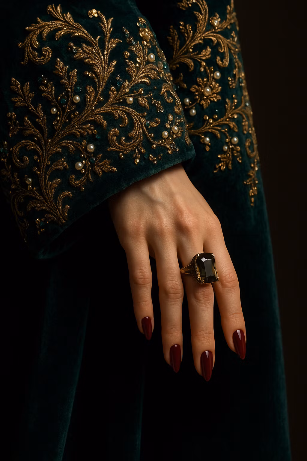 Kyro – Close-up of a luxurious garment sleeve meeting a delicately posed hand. The sleeve is crafted from rich velvet fabric…