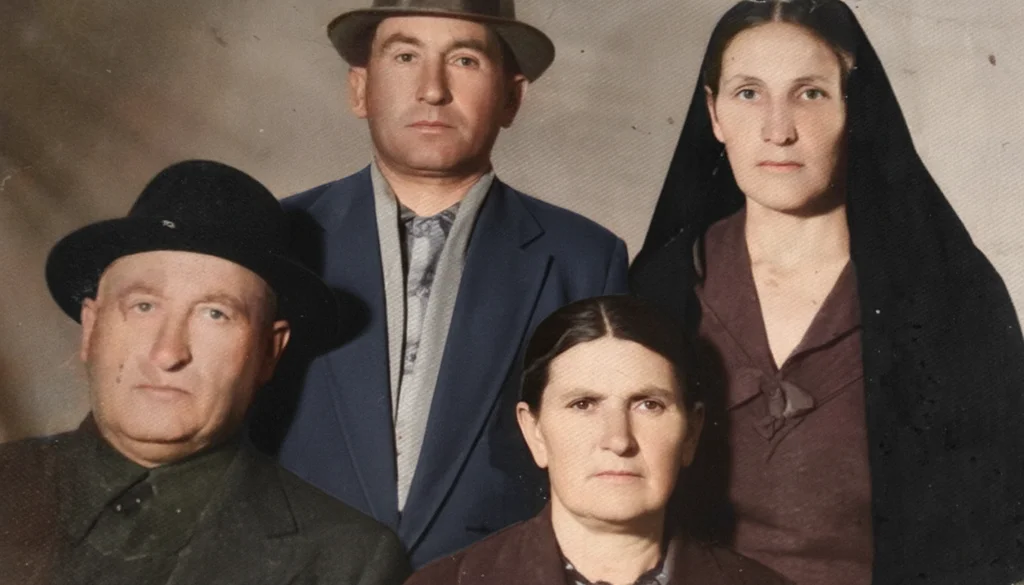 Par us – Transform this vintage black and white family portrait into a modern color photograph. Colorize the image with realis…