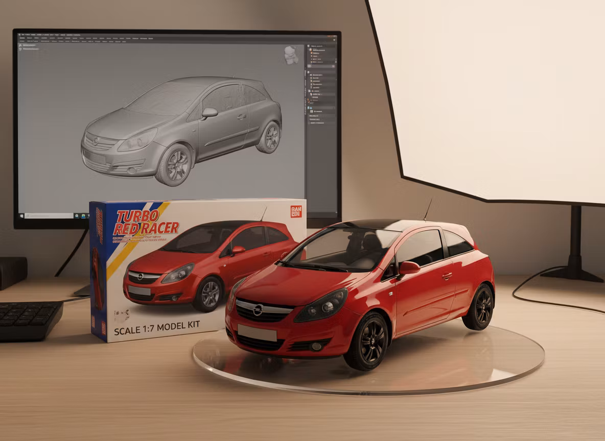 Максим Санин – Photorealistic commercial product-studio composite showing a 1/7 scale physical model of an Opel Corsa (based on the …