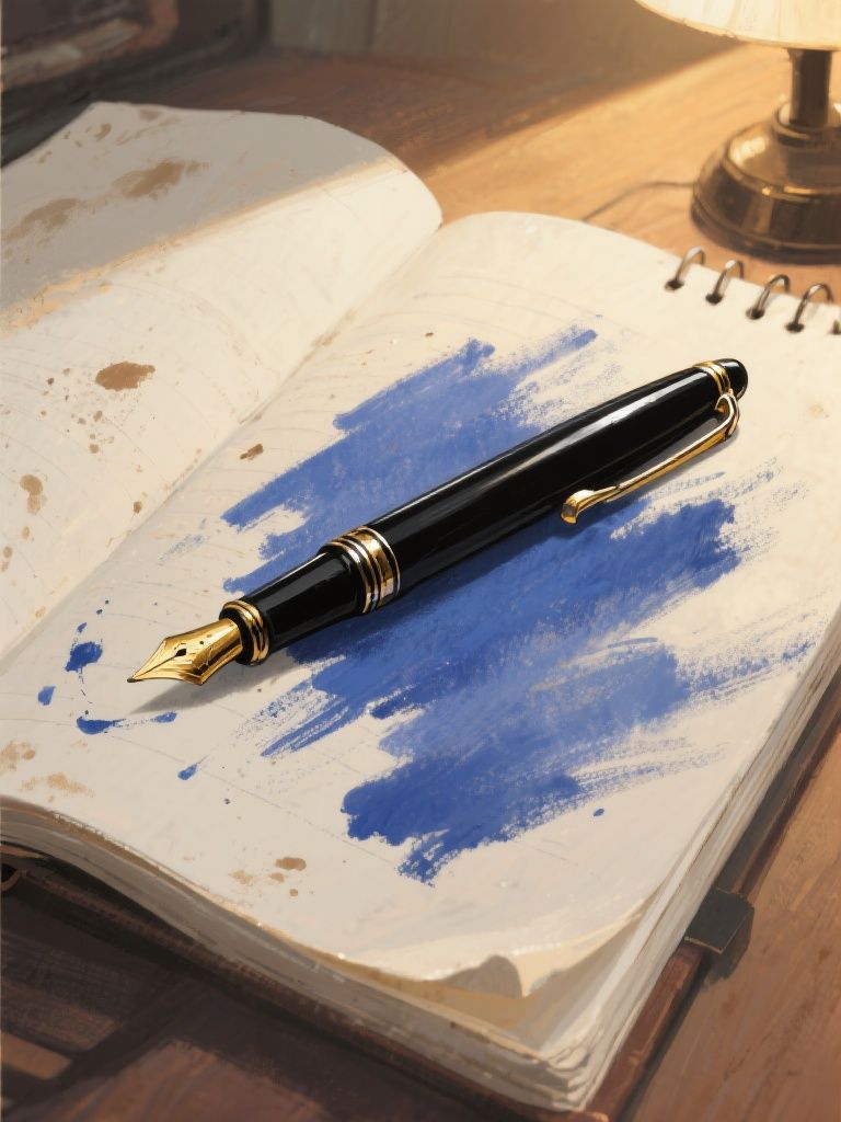 bluewallblacktile – Painterly illustration of a sleek black fountain pen with golden nib resting diagonally across an open notebook. Ink …
