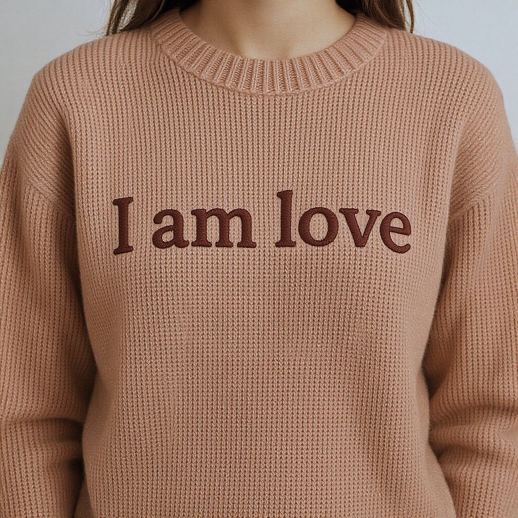 olga yakovchuk – A cozy knitted sweater with the text "I am love" prominently displayed across the chest area. The text should be inte…