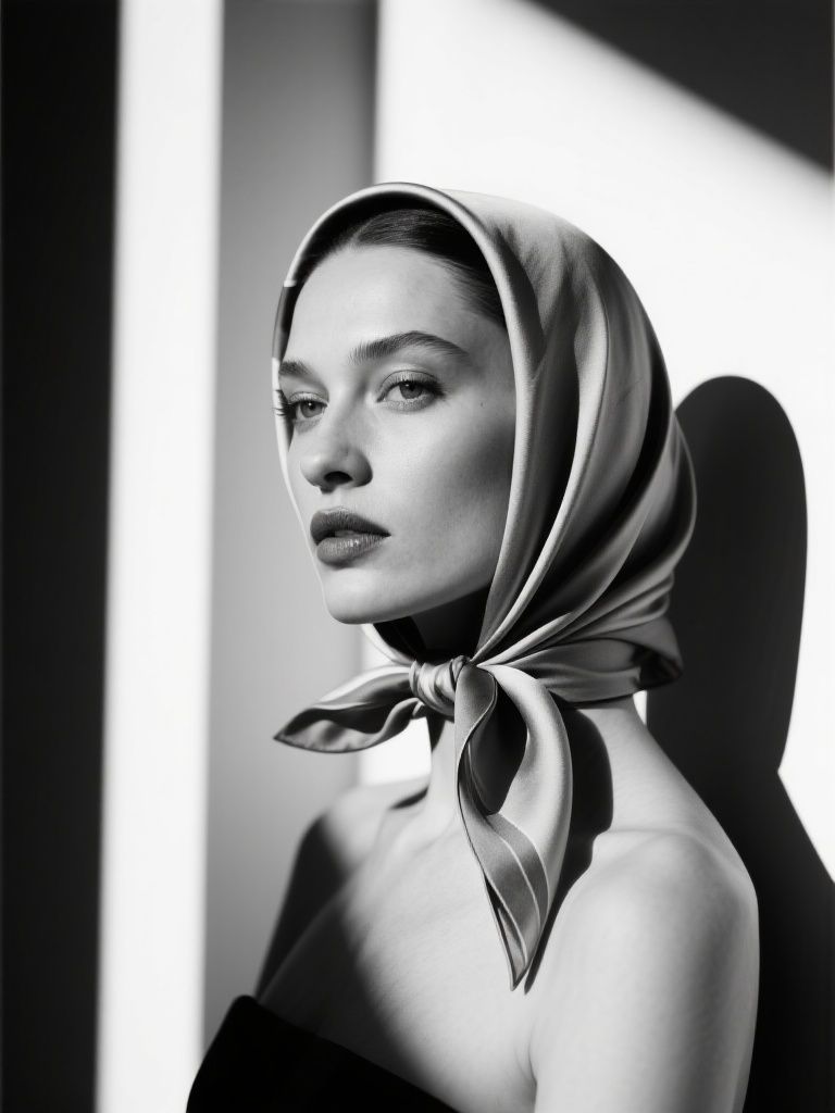 Ccddz – Minimalist black-and-white fashion photography of an elegant model wearing a sophisticated head scarf, inspired by Yv…