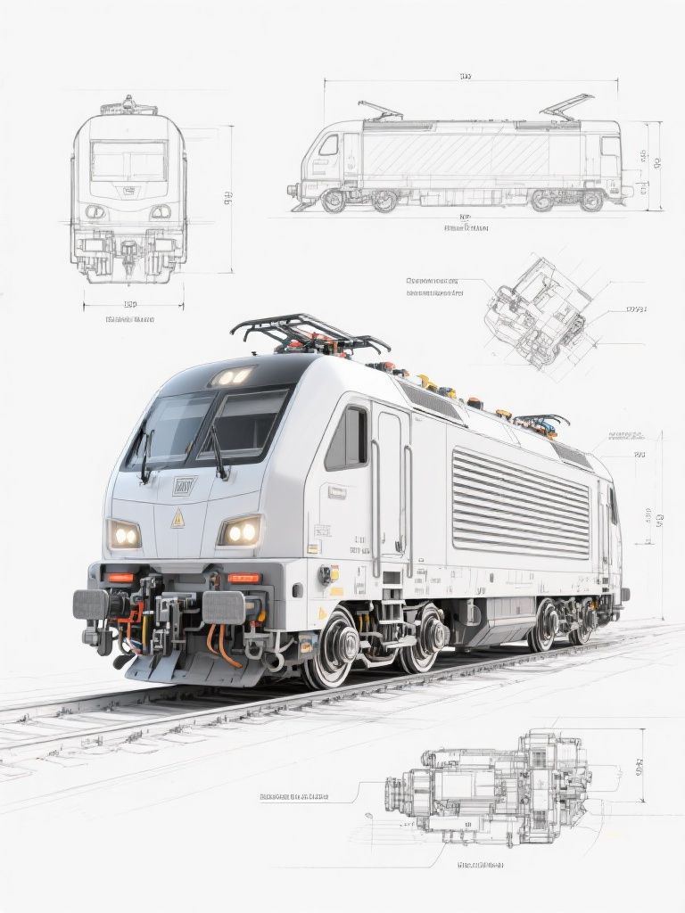 Ccddz – Highly detailed 3D technical design sketch of a modern electric locomotive positioned at center, showcasing intricate…