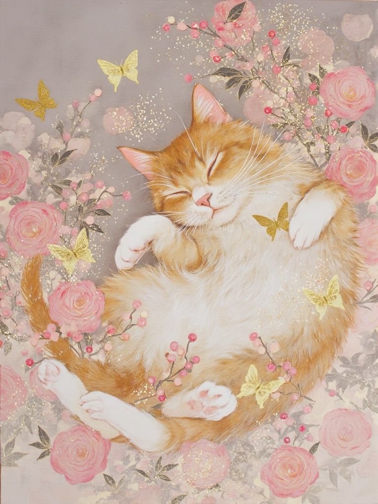 Kyro – A beautiful orange cat lying and playing among pink rosebuds in an illustration style. The cat is peacefully resting …