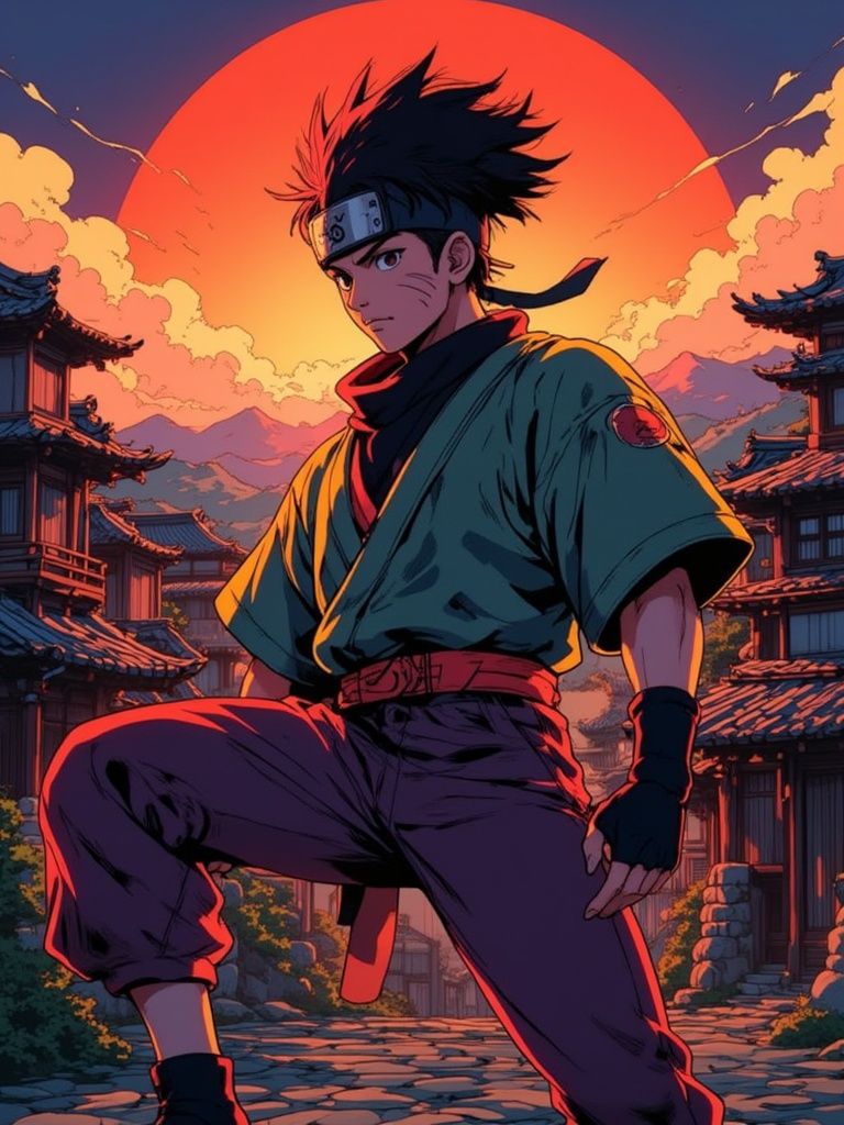 Depal Depal – Naruto-inspired ninja character in dynamic action pose, authentic manga art style with bold linework and cell shading…