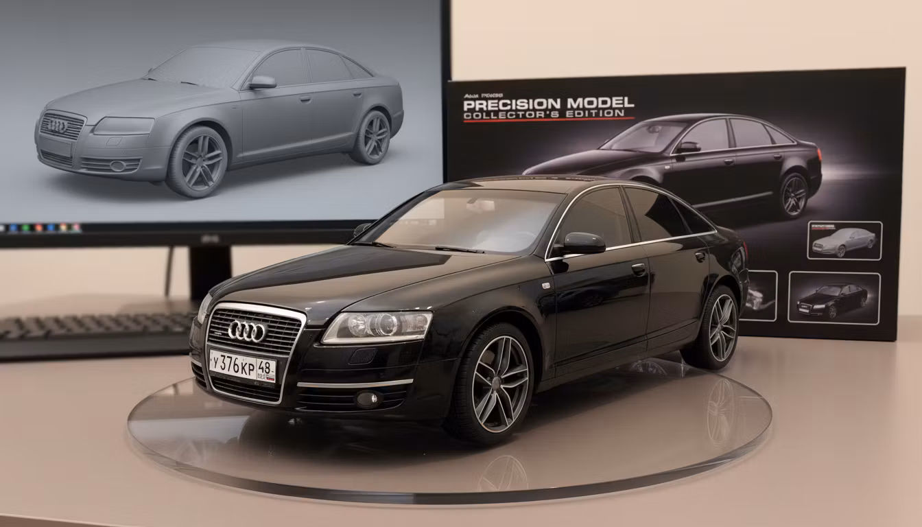 Oleg mikheev – Create a photorealistic commercial product-photography scene featuring a 1/7 scale model of an Audi A6 Quattro, shown…