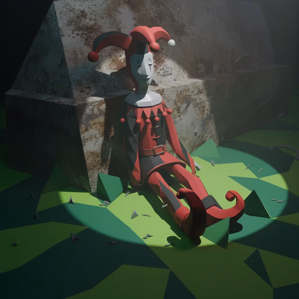 Mihail Sholokhov – Modify this low poly jester scene by adding a concrete structure behind the jester doll. The concrete structure shoul…