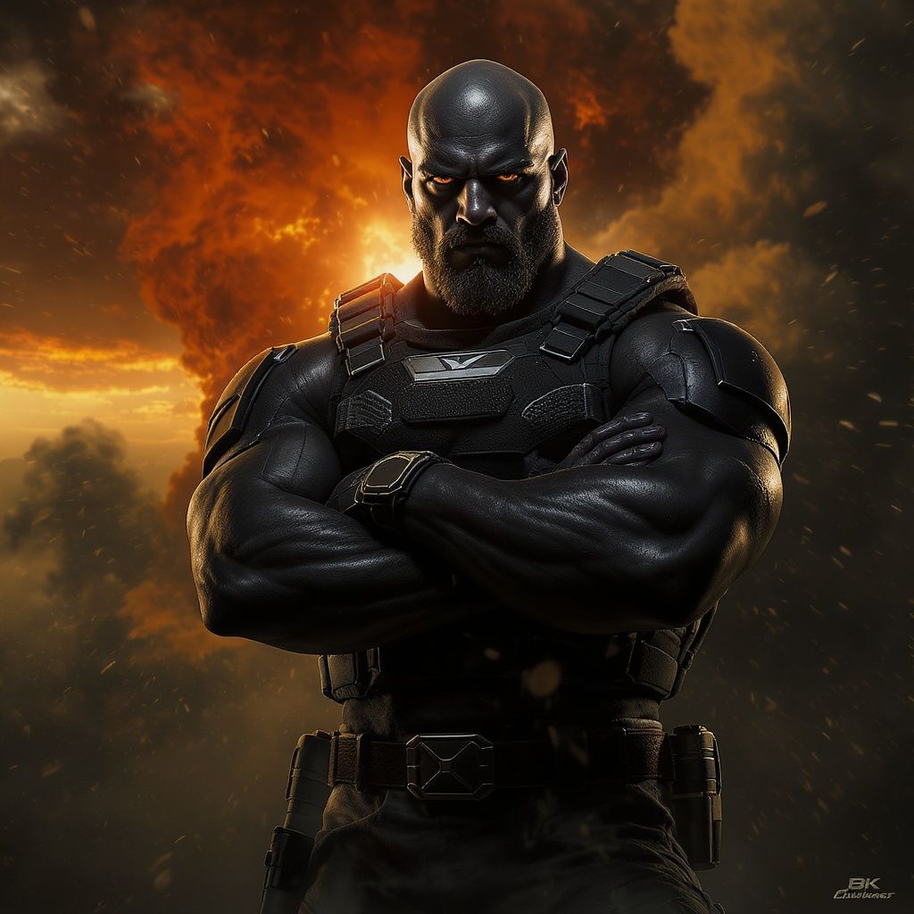 Markoub ma – Hyper-realistic digital artwork of a powerful modern-day warrior, bald and extremely muscular man standing confidentl…