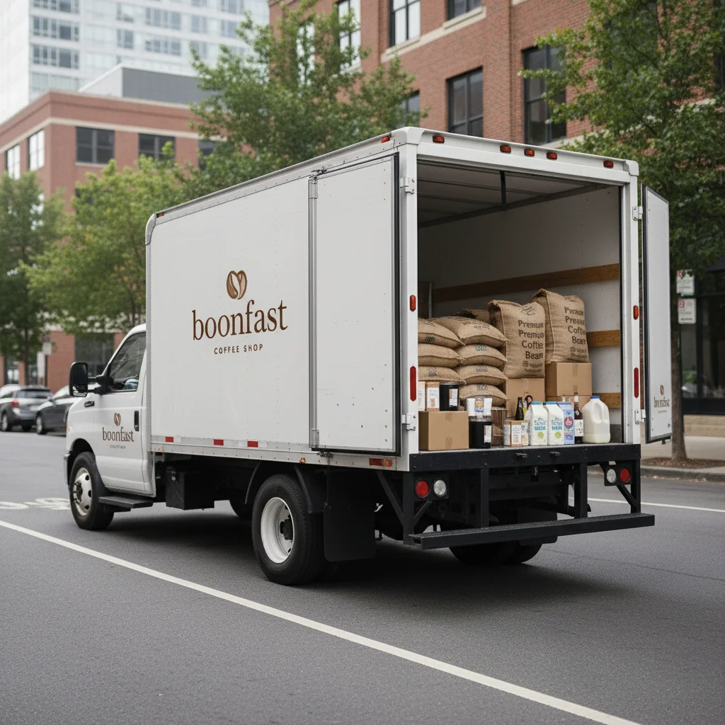 متعب – Create a realistic mockup of a modern white cargo truck parked on a street, loaded with goods in the back such as sta…
