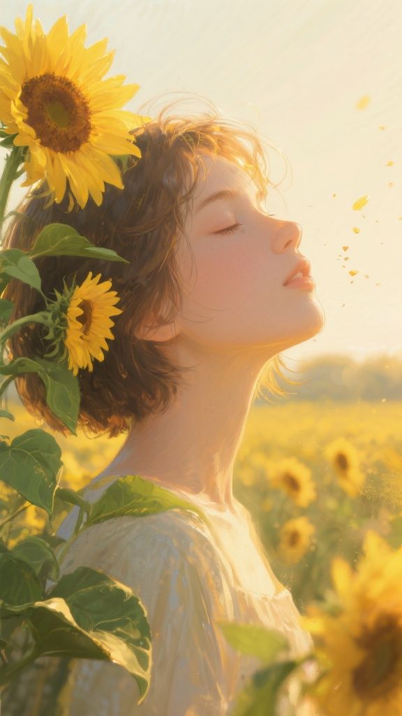 Dz.kc – Soft painterly illustration — a semi‑realistic portrait of a young woman with fair skin and delicate features, head g…