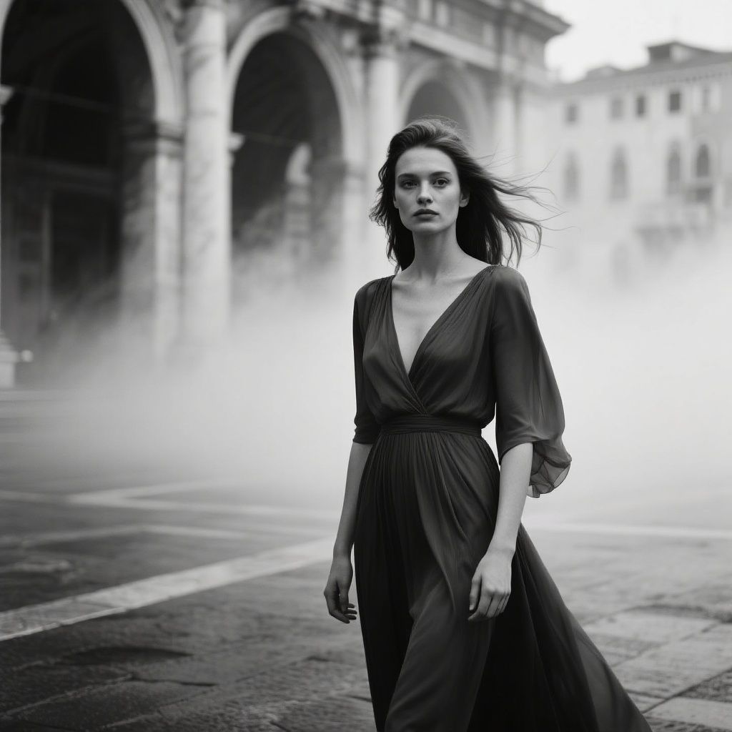 Ccddz – Peter Lindbergh style black and white portrait, young woman in elegant flowing dress, standing in San Marco square Ve…