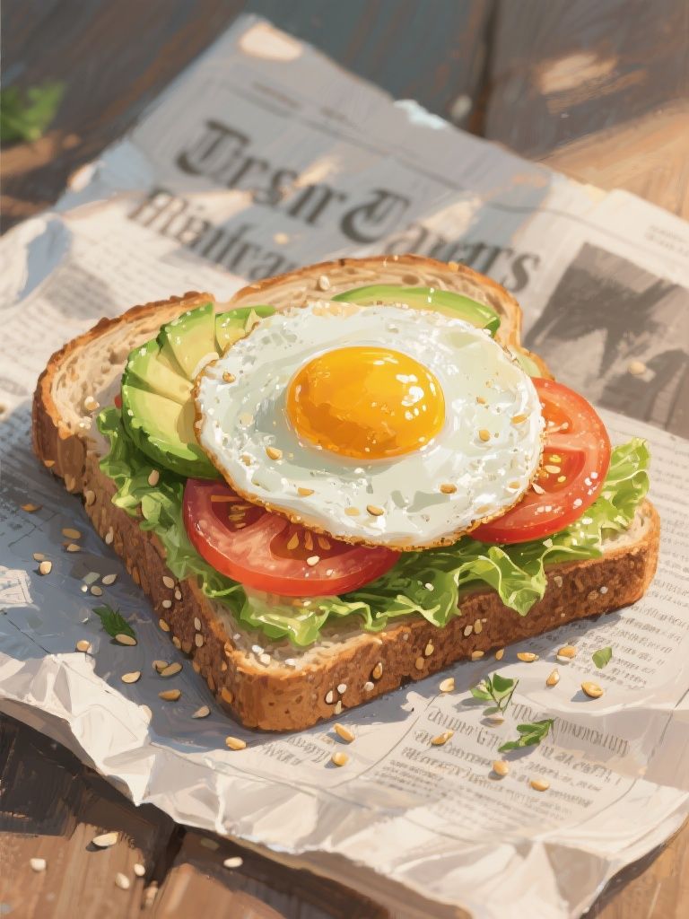 Ccddz – Painterly editorial food illustration of an avocado and sunny-side-up egg sandwich on thick toasted whole‑grain bread…