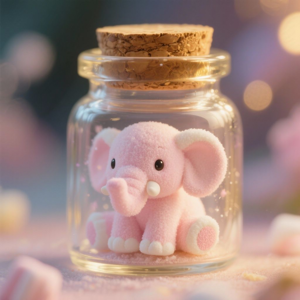 Alexandr K – A magical miniature marshmallow elephant sitting inside a tiny glass jar, soft pastel pink and white coloring with fl…