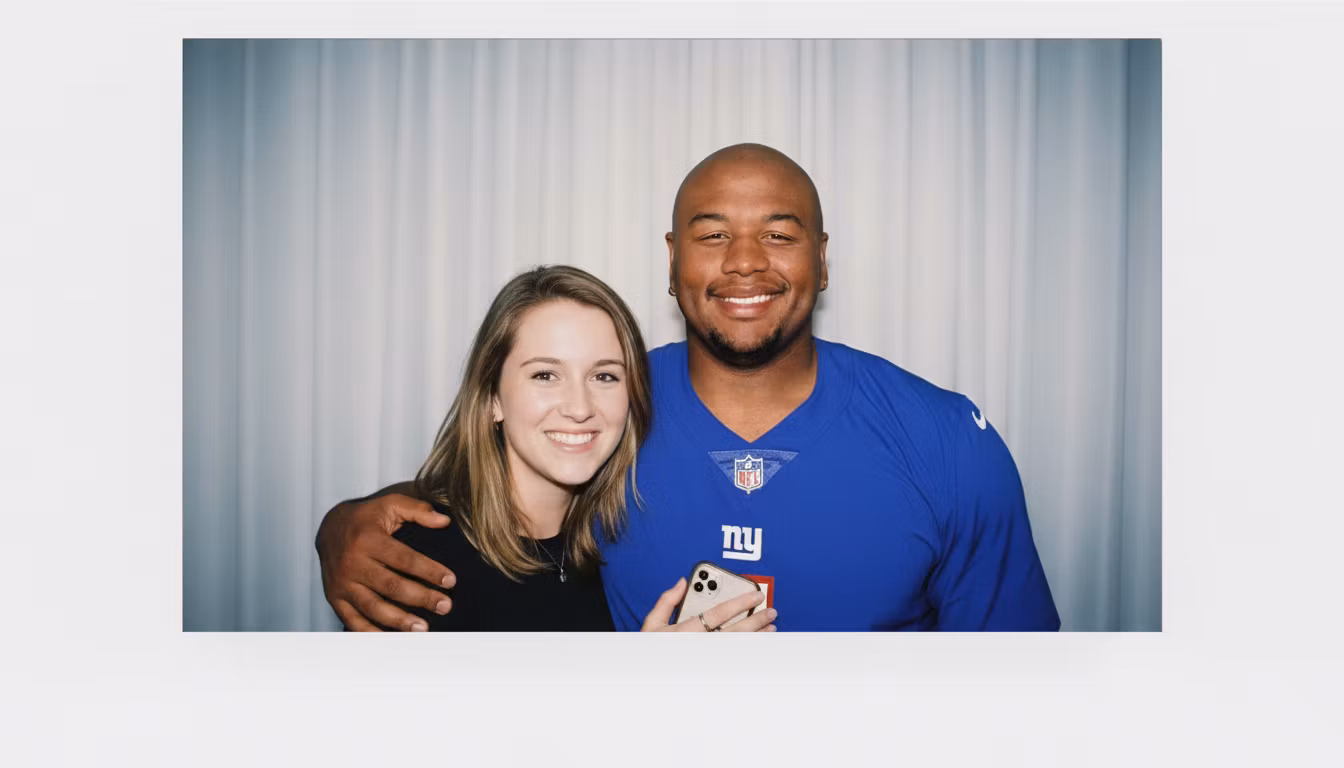grizzly – Create a realistic polaroid-style photograph showing a young white woman side-hugging with the man from the second im…