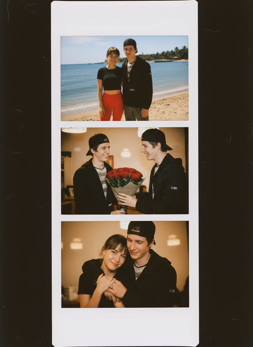Олеся Климовкая – Create a vintage Instax Mini photo strip with three vertical polaroid frames arranged in a column. The strip shows a …