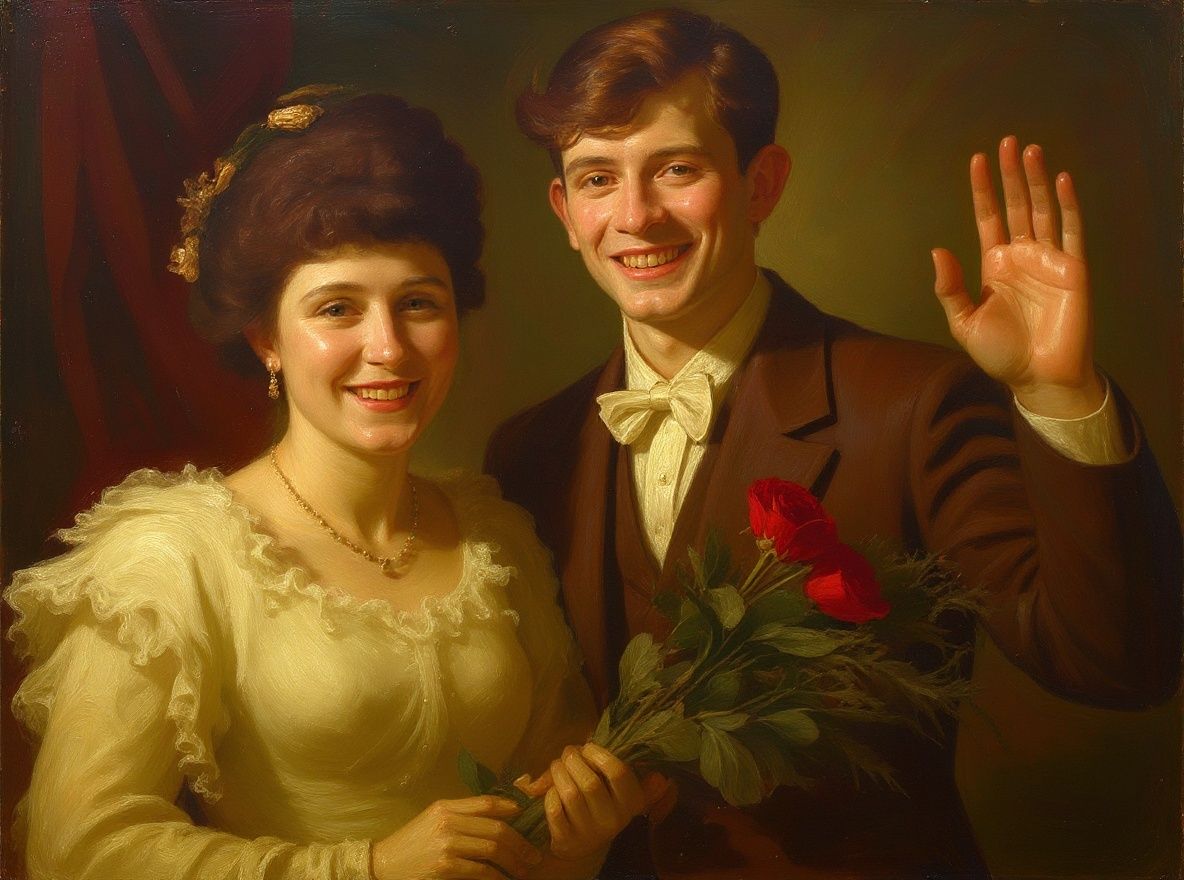 сергей меренков – Transform this wedding photograph into a classical oil painting masterpiece. Apply rich, textured brushstrokes charac…