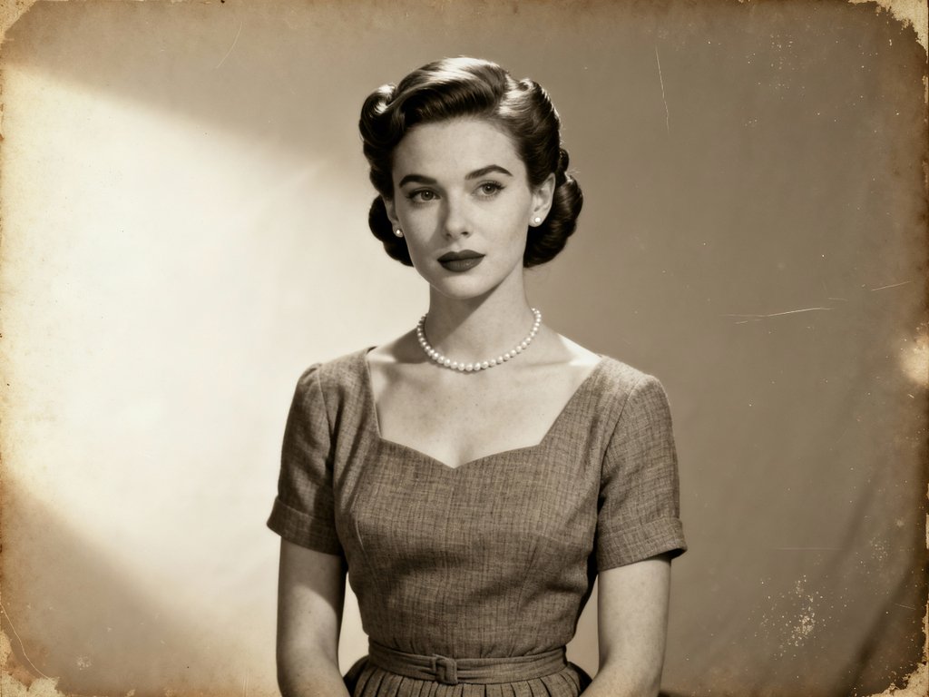 grizzly – Photorealistic vintage portrait of a young woman in authentic 1950s-style clothing, composed for a landscape 4:3 fram…