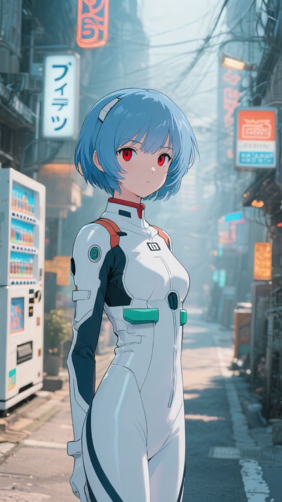 Ccddz – Vertical 9:16 retro 1990s Japanese anime–style half-body portrait of a pale, short blue-haired girl with red eyes and…