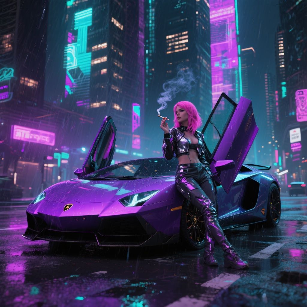 Prism Reality – Sleek Lamborghini supercar with scissor doors raised upward in dramatic cyberpunk cityscape, neon-lit streets with ho…