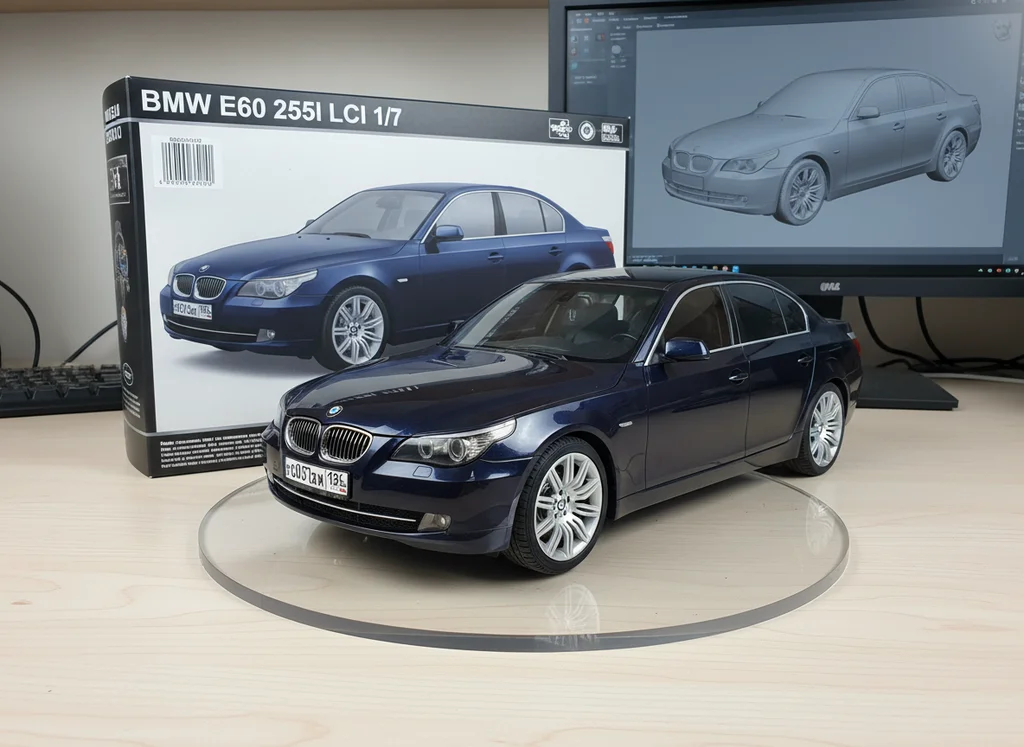 Максим Санин – Photorealistic commercial product photograph of a 1/7 scale model of a BMW E60 525i LCI, using the provided reference…