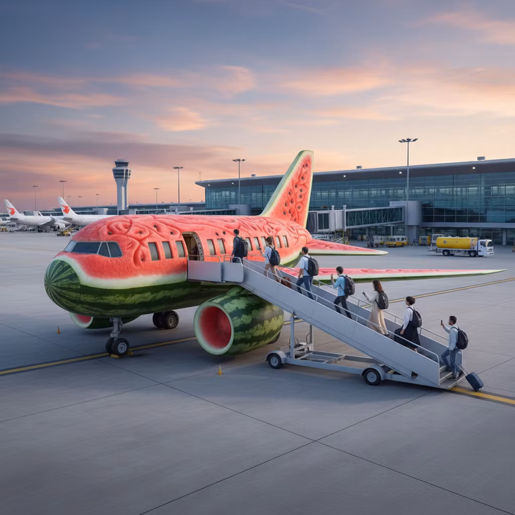 Wowa – A magnificent watermelon airplane parked at a modern airport terminal, crafted entirely from fresh watermelon with in…