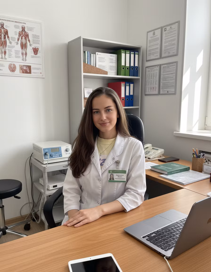 Варвара – Professional young female doctor with long dark chestnut hair and blue eyes, wearing a crisp white medical coat over …
