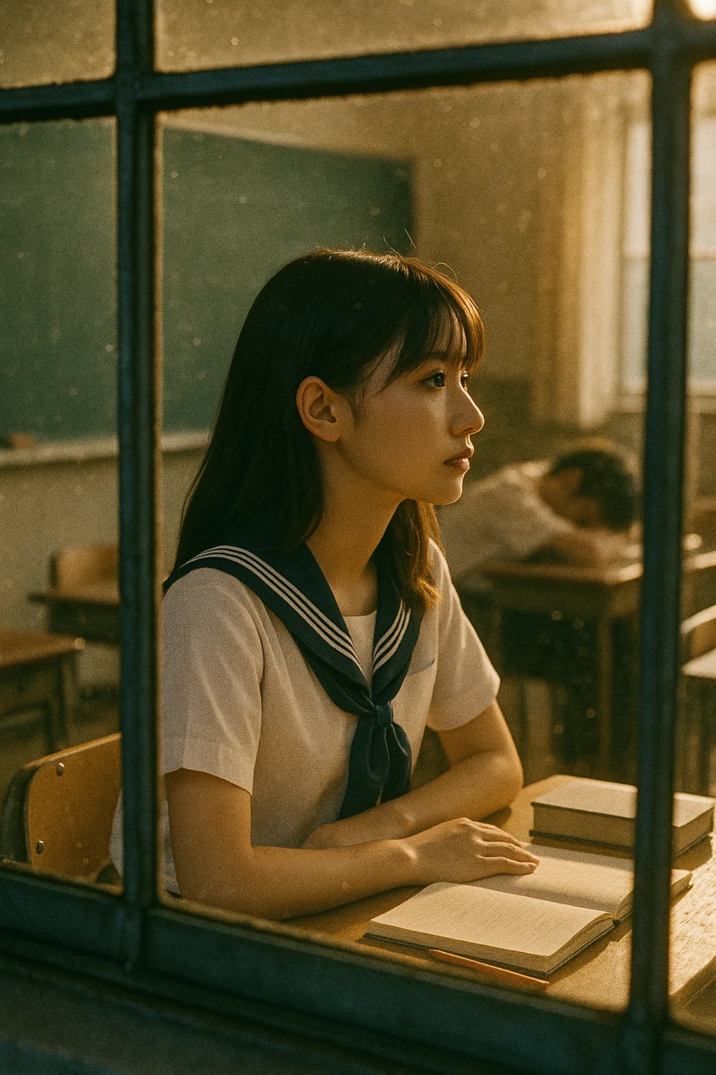 Kyro – Grainy disposable camera photo, A stunning Japanese high-school girl in a short-sleeve summer sailor uniform, photogr…