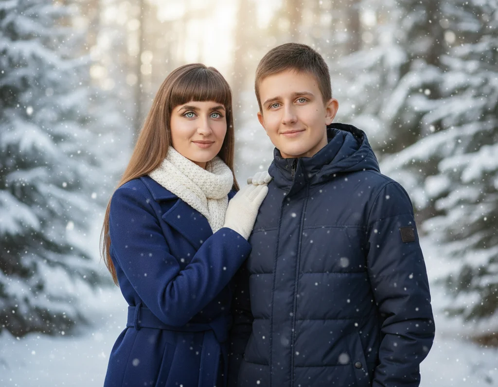 Ксения Павленко – Using the provided portrait image of a mother and son, create a new variant while preserving their exact facial featu…