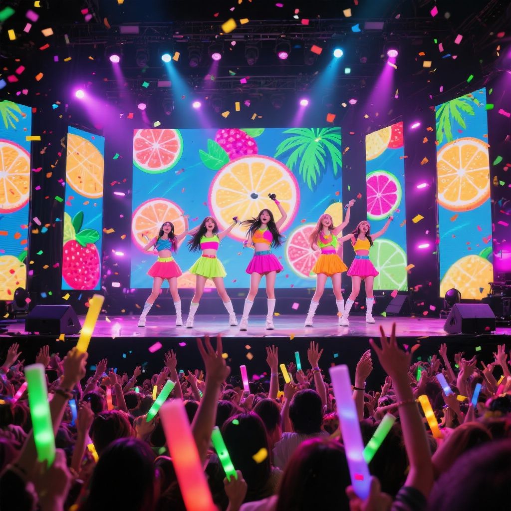 Prism Reality – Dynamic K-pop girl group performance on stage with vibrant fruity-inspired concert backdrop, colorful tropical fruit …