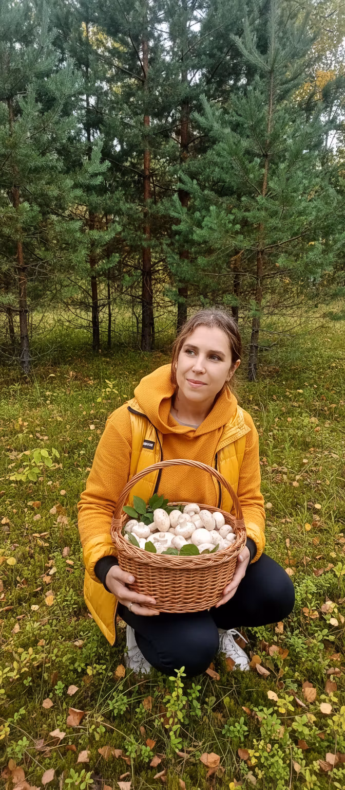 Лариса Примоченко – A young woman in a serene forest setting, holding a wicker basket filled with fresh white mushrooms. She's wearing a …