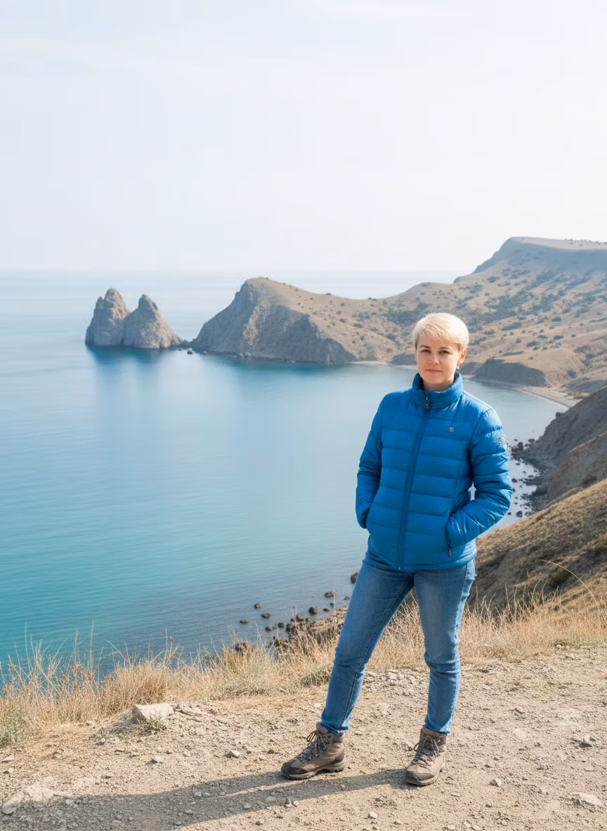 Sergey Nazarkin – Используя изображение девушки со светлыми короткими волосами, создай новую сцену: одень её в синие джинсы, синий пухо…