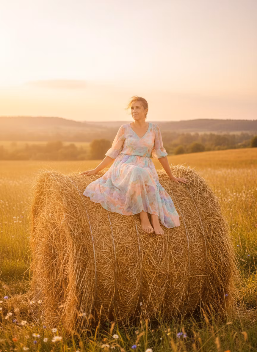 Лора Романтика – A beautiful young woman gracefully posing on a golden haystack in a rustic countryside setting. She's wearing a flowi…