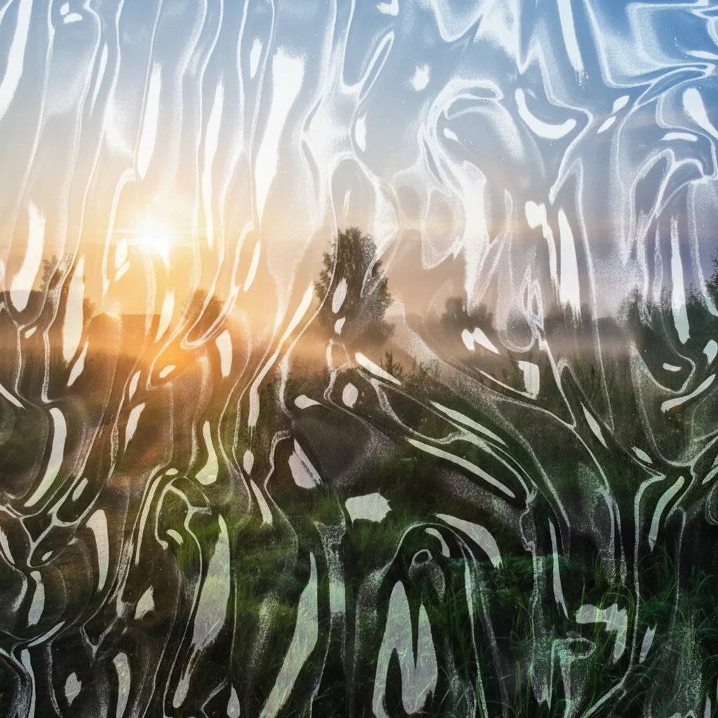Вадим Максимов – Apply a distorted glass effect to the rural landscape image, using the glass texture pattern from the reference image…