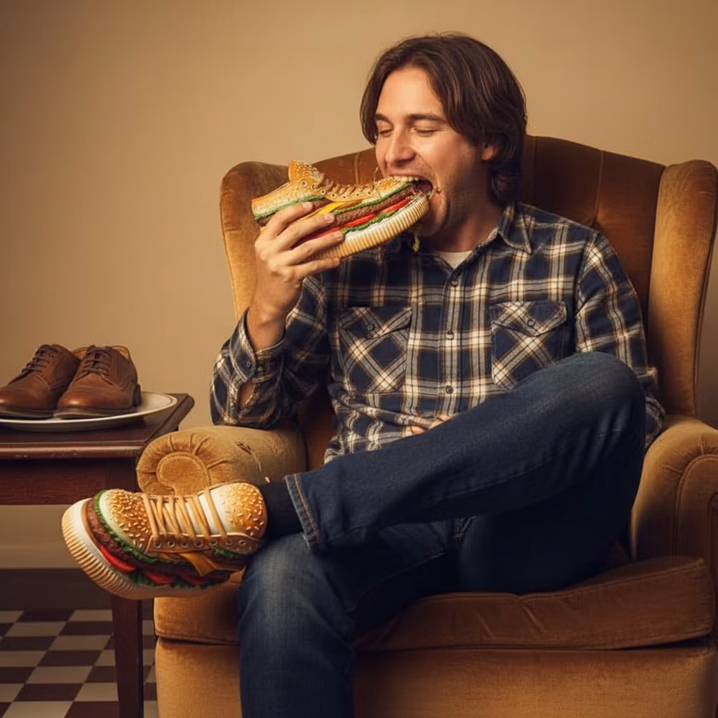Wowa – A surreal and humorous scene of a man sitting casually, wearing extraordinary hamburger-styled sneakers on his feet -…