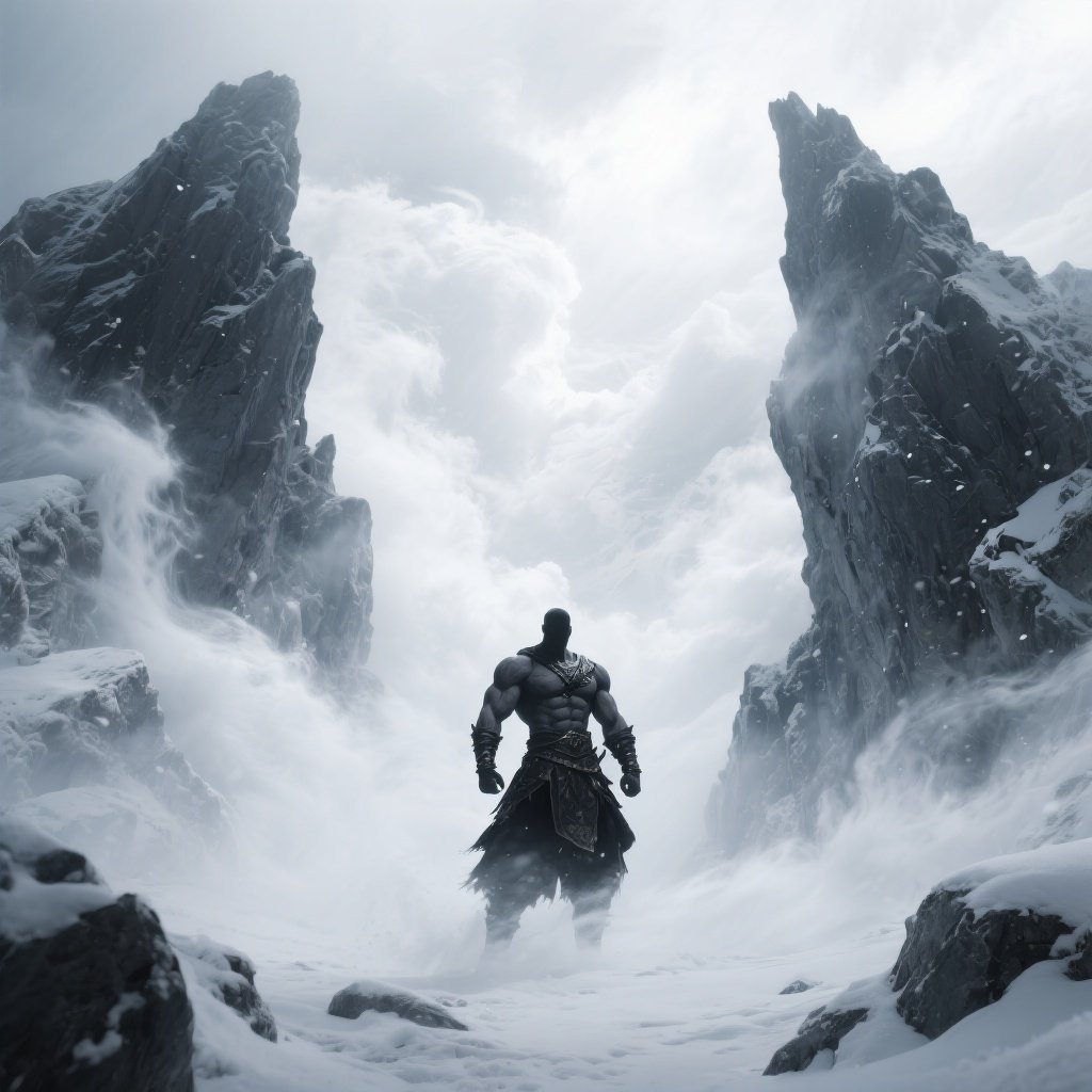 Prism Reality – Epic muscle-bound warrior silhouette standing defiantly against a fierce white blizzard, positioned dramatically betw…