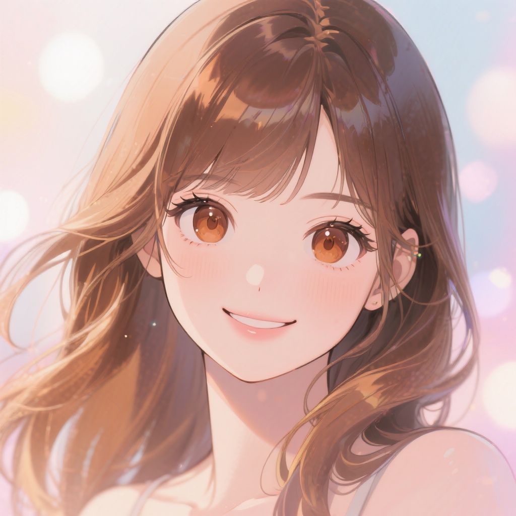 Rene – Beautiful anime girl portrait of NMIXX Haewon, soft brown hair with subtle highlights, expressive large eyes with war…