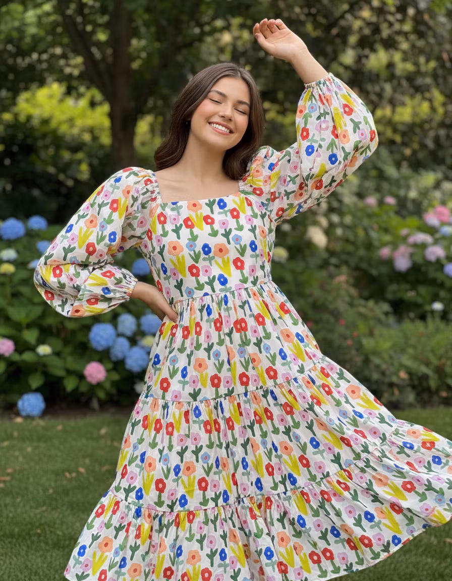 Rahil Suroo – A confident teenage girl, around 16 years old, wearing a playful and feminine white dress with a dense floral pattern…