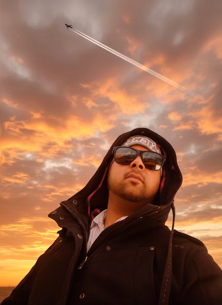 milad rauofi – Add a small airplane flying in the distant sunset sky with a white contrail (vapor trail) behind it. The airplane sho…