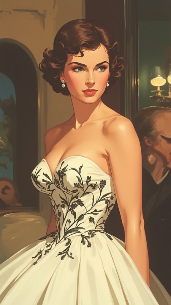 C. – A refined 3/4 oil portrait of a woman inspired by Audrey Hepburn as Sabrina Fairchild, rendered in luminous classicis…