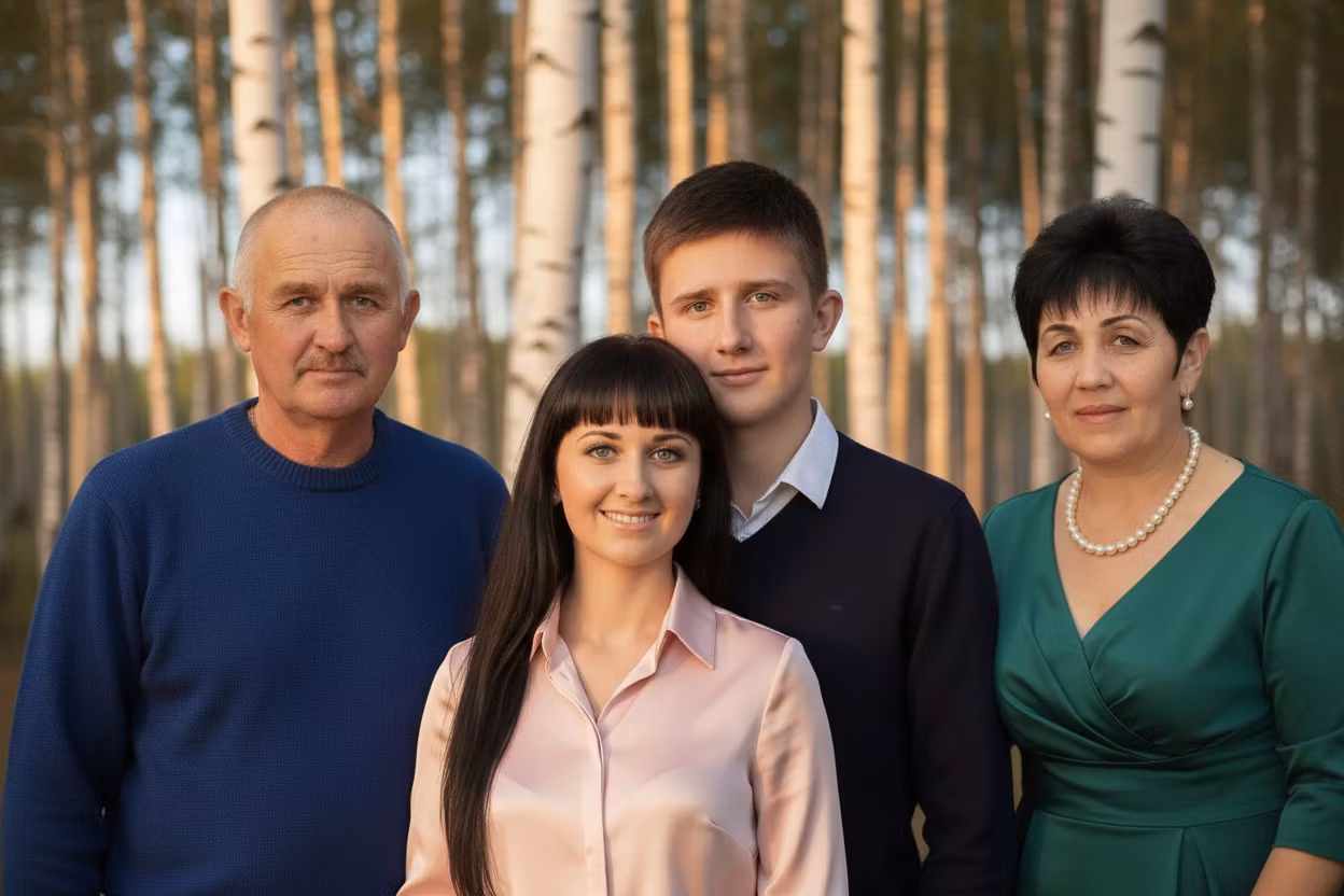 Ксения Павленко – Create a single, seamless, photorealistic waist-up group portrait (16:9) by combining the four people from the provid…